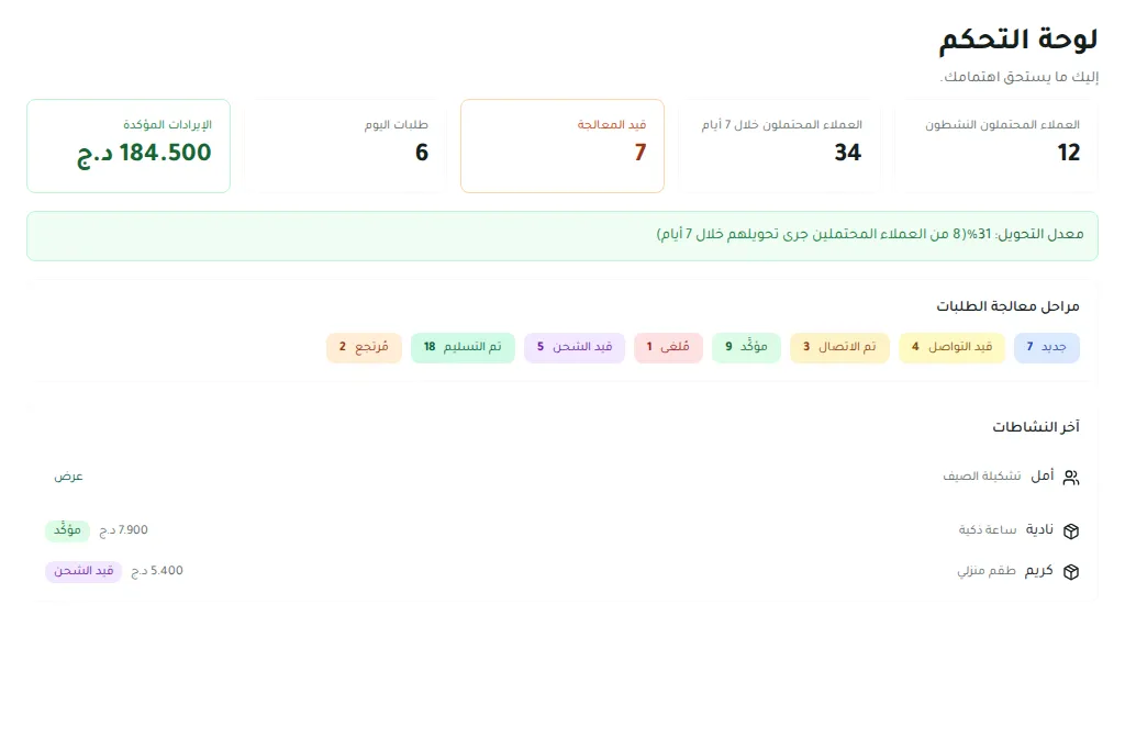 لوحة تحكم DZSou9 — المتاجر وصفحات المنتجات والطلبات والإحصاءات