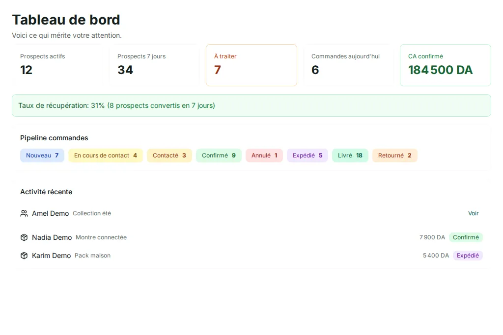 Tableau de bord DZSou9 — boutiques, pages produit, commandes et statistiques
