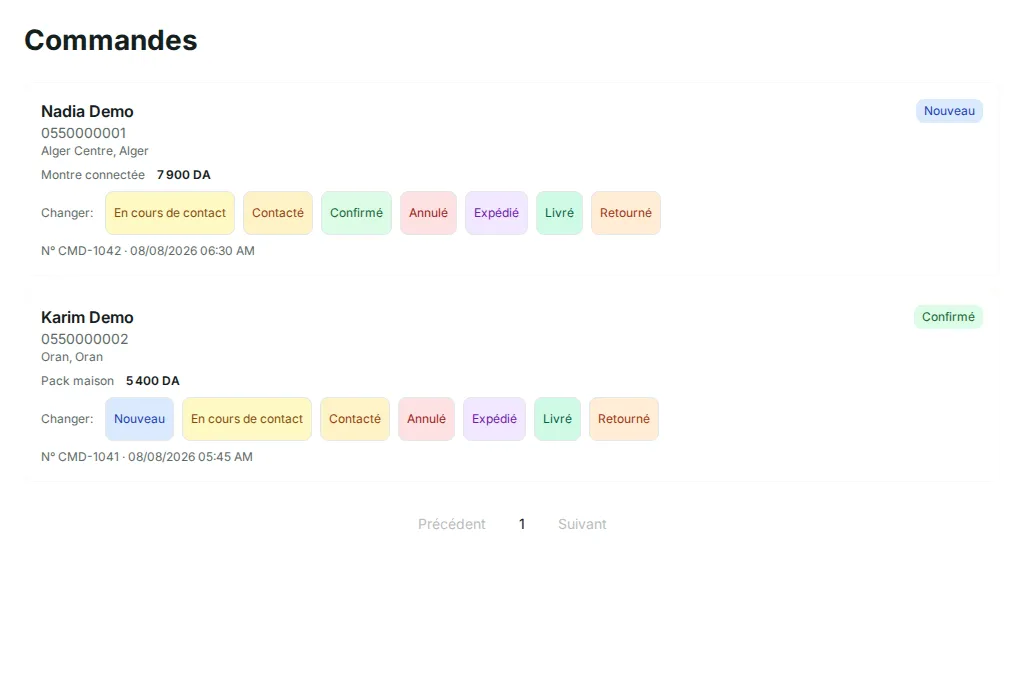 Tableau de bord DZSou9 — suivi des commandes et des clients intéressés