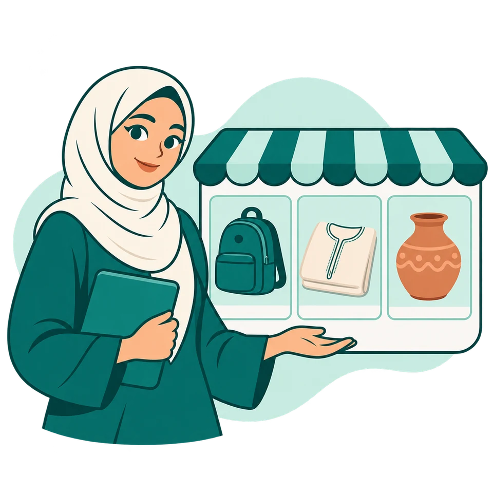 Une commerçante présente le catalogue de sa boutique avec plusieurs produits.
