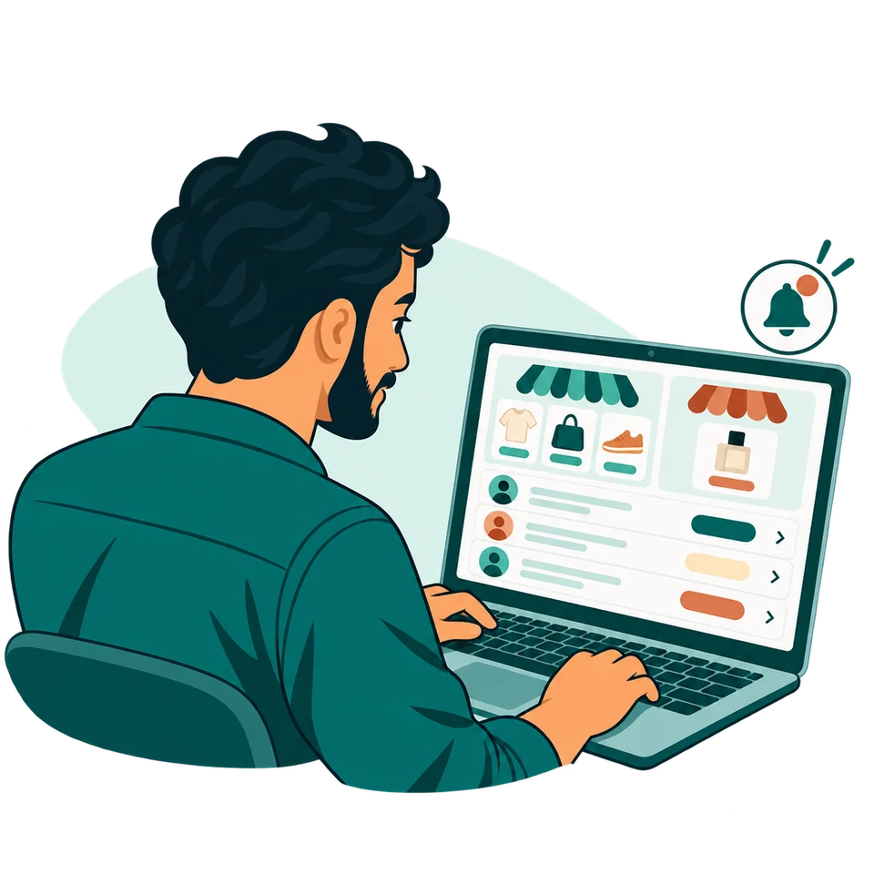 Un commerçant suit ses boutiques, commandes et notifications depuis son ordinateur.
